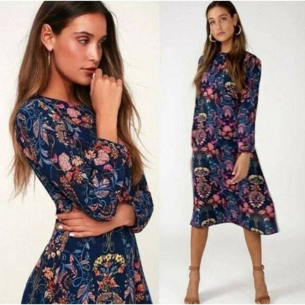 I MADELINE for lulu's garden splendor blue floral long sleeve maxi dress L women
